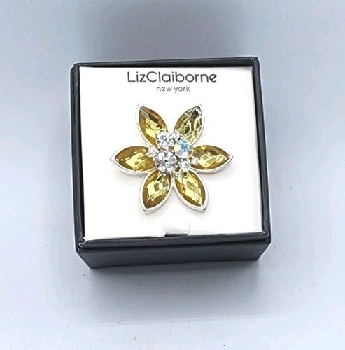 Liz Claiborne New York Citrine & AB Flower Pin Brooch Silvertone 2" In Box - Picture 3 of 8