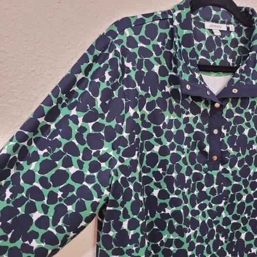 Chico's Sz 3 (XL) Zynergy Mosaic Top UPF Green / Navy Long Sleeve Stretch Snaps - Picture 4 of 7
