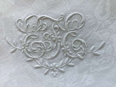 Six Antique French Double Damask Linen Napkins/Lapkins Monogram EJE 27 x 27