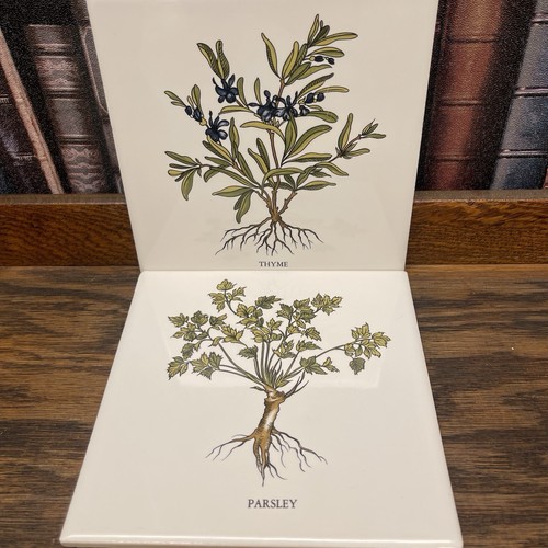 Vtg Herb Theme 2pc Ceramic Tile Trivet Parsley Thyme Cork Backing Apothecary - Picture 3 of 7