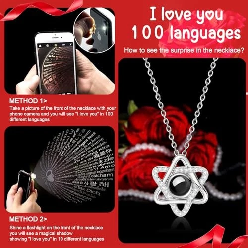  Colar de rosa real vermelha preservada 'I Love You' em 100 idiomas - Eterno  - Imagem 3 de 4