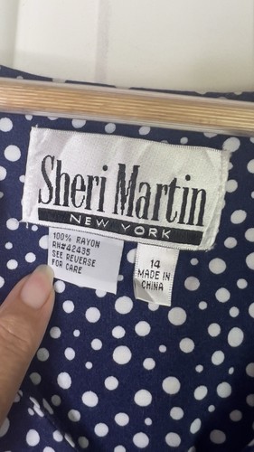 Vtg Retro Sheri Martin Blue White Polka Dot Fit Flare Dress Sz 14 Smocked Pleats - Picture 12 of 17