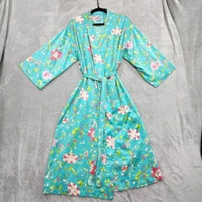 Natori Jaipur Kimono M Robe Floral Long Satin Belted Japanese Dark Teal Pocket