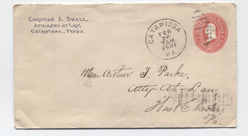 1901 Catawissa PA 2ct red PSE Westchester PA barr fyke machine backstamp [g.1179