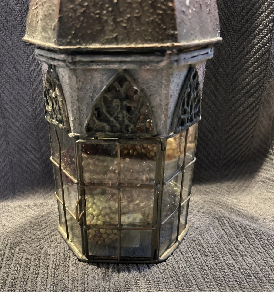 Metal And Glass Candle Holder Lantern 10” Tall With Decorative Balls Inside - Image 2 of 4