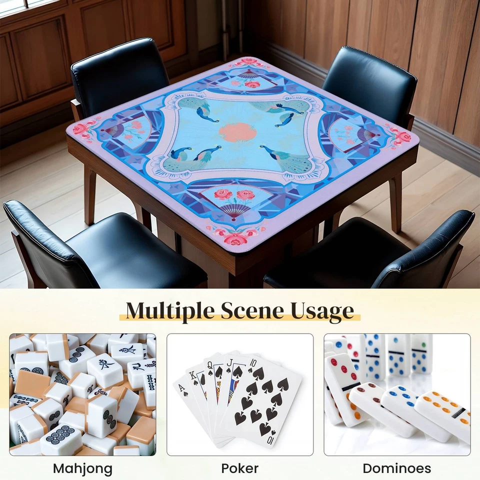Non Slip Peacock Mahjong Mat Oriental Mahjong Table Cover with Storage Game Mat - Image 3 of 4