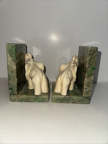 Vintage Genuine Alabaster Elephant Bookends Hand Carved Italy Trunks Up - Picture 4 of 13