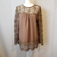 Brown Lace Pullover Blouse Long Sleeve