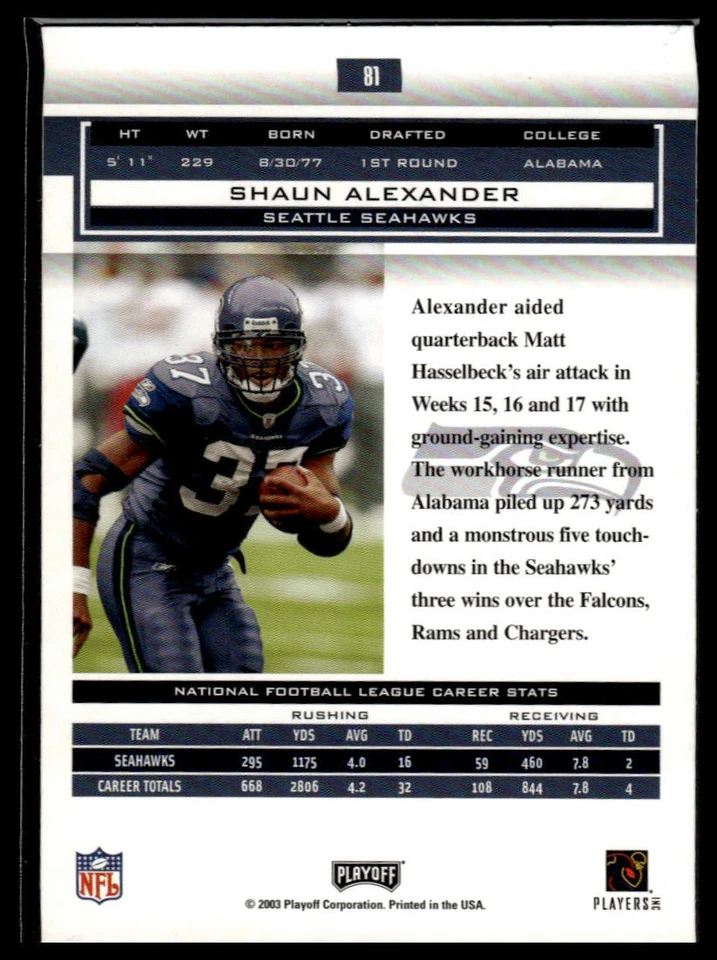 2003 Playoff Honors #81 Shaun Alexander - Image 2 of 2