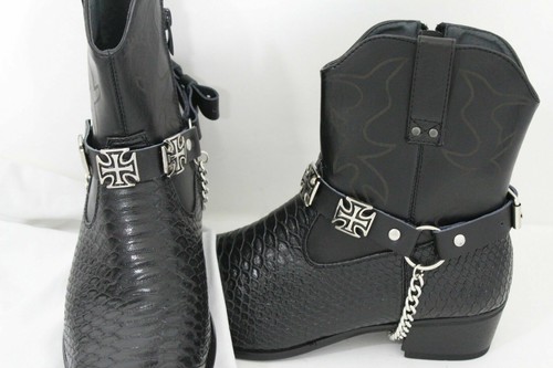 Biker Men Western Boot Silver Chain Pair Leather Straps Cross Charms Punk Rocker - Picture 17 of 24