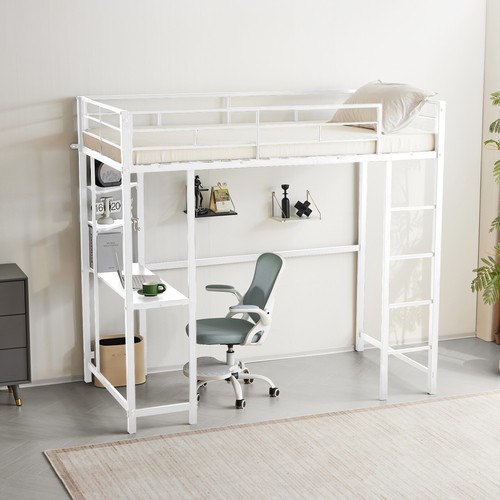 Metal Twin Size Loft Bed Frame with Shelves & Full-Length Guardrail Frame - Picture 18 of 19
