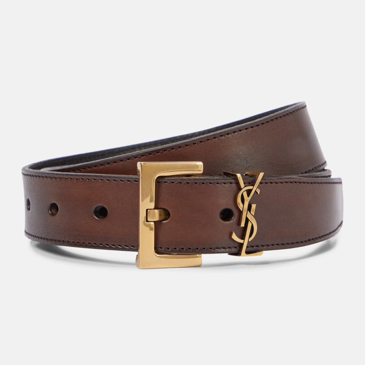 SAINT LAURENT Cassandre YSL Monogram Leather Belt in Burnt Brown Size 75