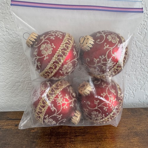 VTG Ornaments Victorian Floral Glass Glitter Wine w/Gold Ribbon 4 Set_No Box - Picture 10 of 12