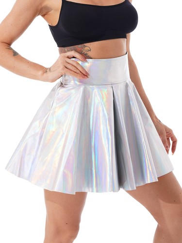 Womens See Through Short Mini Skirt Sexy Glossy Pleated Flared Skirt Clubwear - Picture 20 of 31