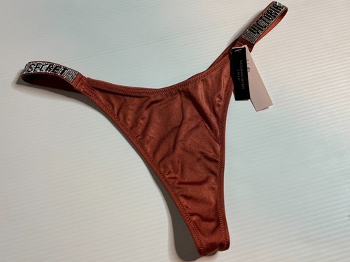 NWT Victoria's Secret Rhinestone Logo Brown Rust Bronze Thong Bikini Bottom M - Picture 3 of 7
