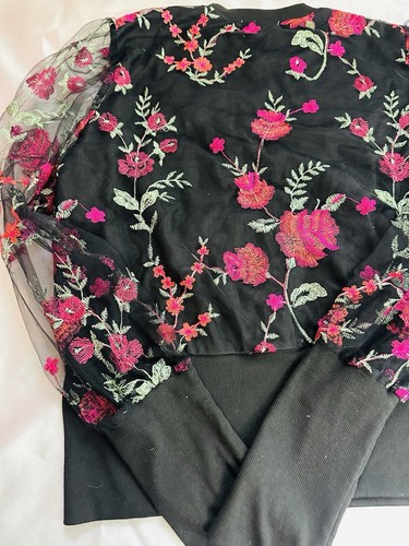 Womens Sheer Black Puff Sleeve Knitted Mesh Floral Long Casual Crew Top Sz XL - Picture 12 of 12