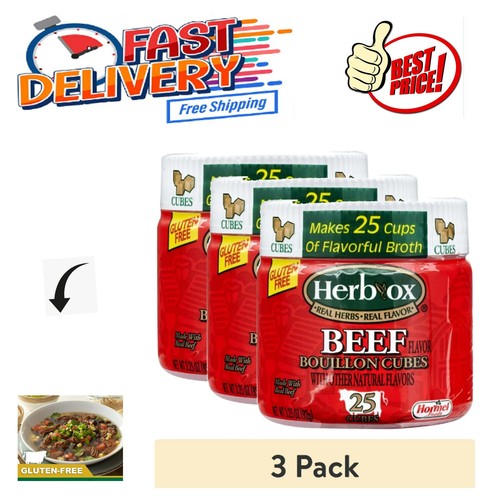 (3 pack) HERB-OX Beef Bouillon Cubes, 25 Count, Shelf-Stable, 3.25oz Plastic Jar