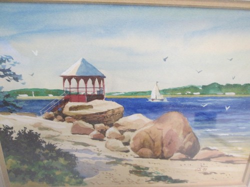 Small French Beach Scene in watercolor In Gold Frame - JS 1991 - Frame: 10" x 9" - Picture 2 of 5