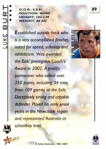 Signed 2003 Parramatta Eels NRL Select XL Card - Luke Burt - Imagen 2 de 3
