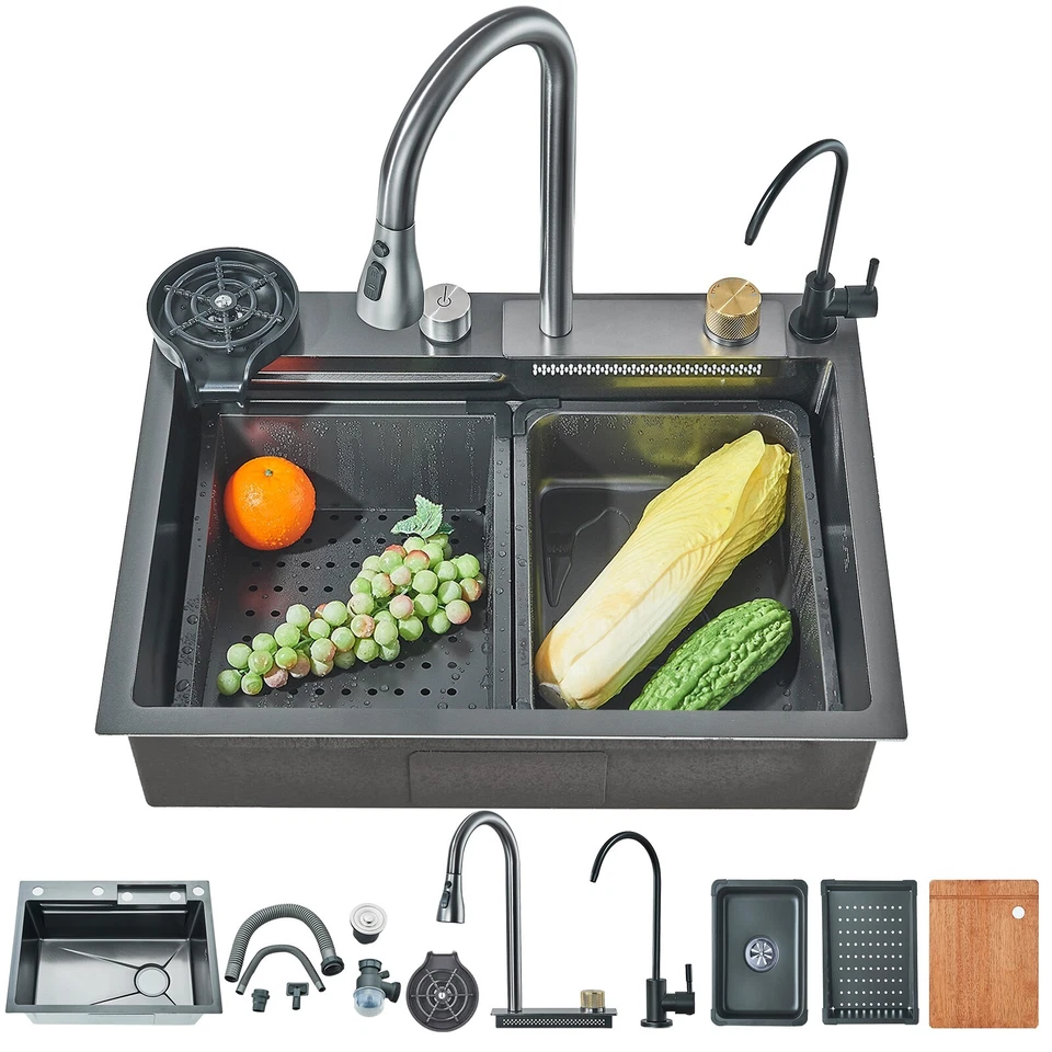 JIEBAO Edelstahl Küchenspüle Wasserfallspüle SpülbeckenSet Einbauspüle mit Wasserhahn