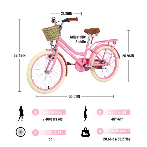 Girls Bike with Basket for 7-10 Years Old Kids,20 Inch Wheel, No Training Wheels - Picture 4 of 8