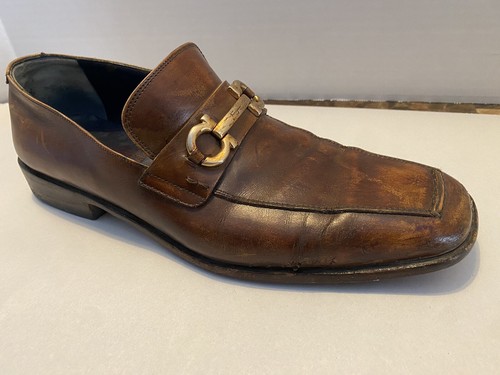 SALVATORE FERRAGAMO Brown Leather Shoes With Gold Buckle Size 10.5 D Men’s - Picture 2 of 14