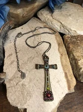 ayala bar Silver tone CROSS Crystal seed bead Rhinestone Pendant necklace 22"+4"