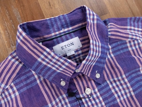 ETON of Sweden slim-fit purple plaid motif linen button-down shirt Size 41 16 - Picture 2 of 5