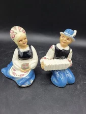 PRIMITIVE ANTIQUE German FOLK Shepard Boy & Girl Clay FIGURINE  Lederhose Dirndl