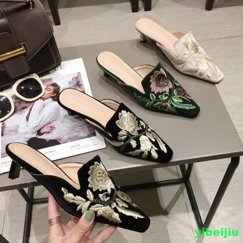 Mujer Zapatilla Floral Bordada Gatito Tacones Toboganes Zapatos Mula Sandalias Informales - Imagen 3 de 10