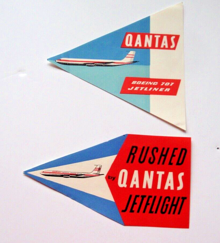 QANTAS AIRLINES BAGGAGE LABELS 2 LABELS BOEING 707 JET FLIGHT ORIGINAL VINTAGE - Picture 1 of 5