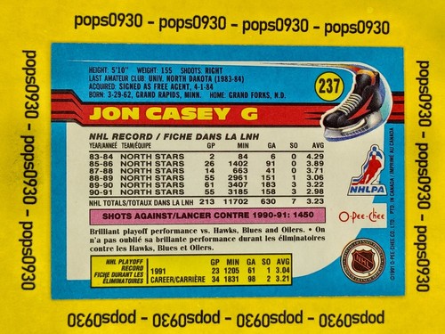 Jon Casey, Minnesota North Stars, 1991, O-Pee-Chee, bilingual, #237 - Bild 2 von 2
