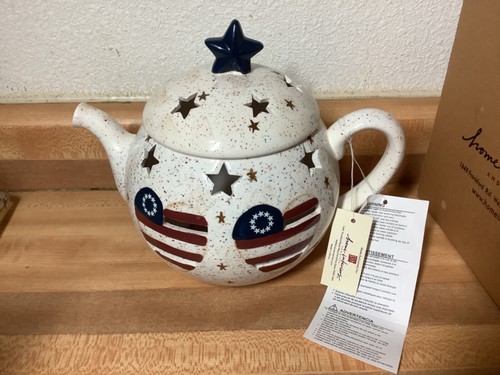 Home Interiors Patriotic Candle Holder Ceramic Teapot w /Lid & Original Box - Picture 2 of 13