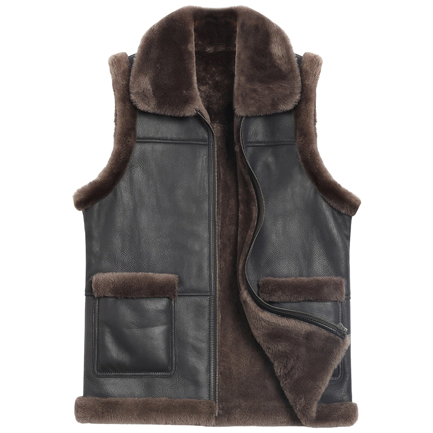 Men's Real Fur Lined Vest Thick Sleeveless Sherpa Shearling Leather Waistcoat