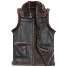 Men's Real Fur Lined Vest Thick Sleeveless Sherpa Shearling Leather Waistcoat