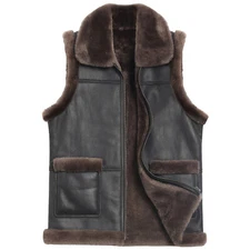 Men's Real Fur Lined Vest Thick Sleeveless Sherpa Shearling  Leather Waistcoat