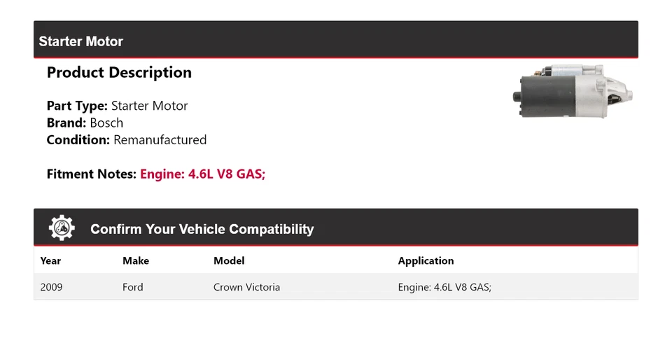 Para Ford Crown Victoria 2009 4,6 L V8 GAS arranque Bosch (remanufacturado) Foto 2 de 4