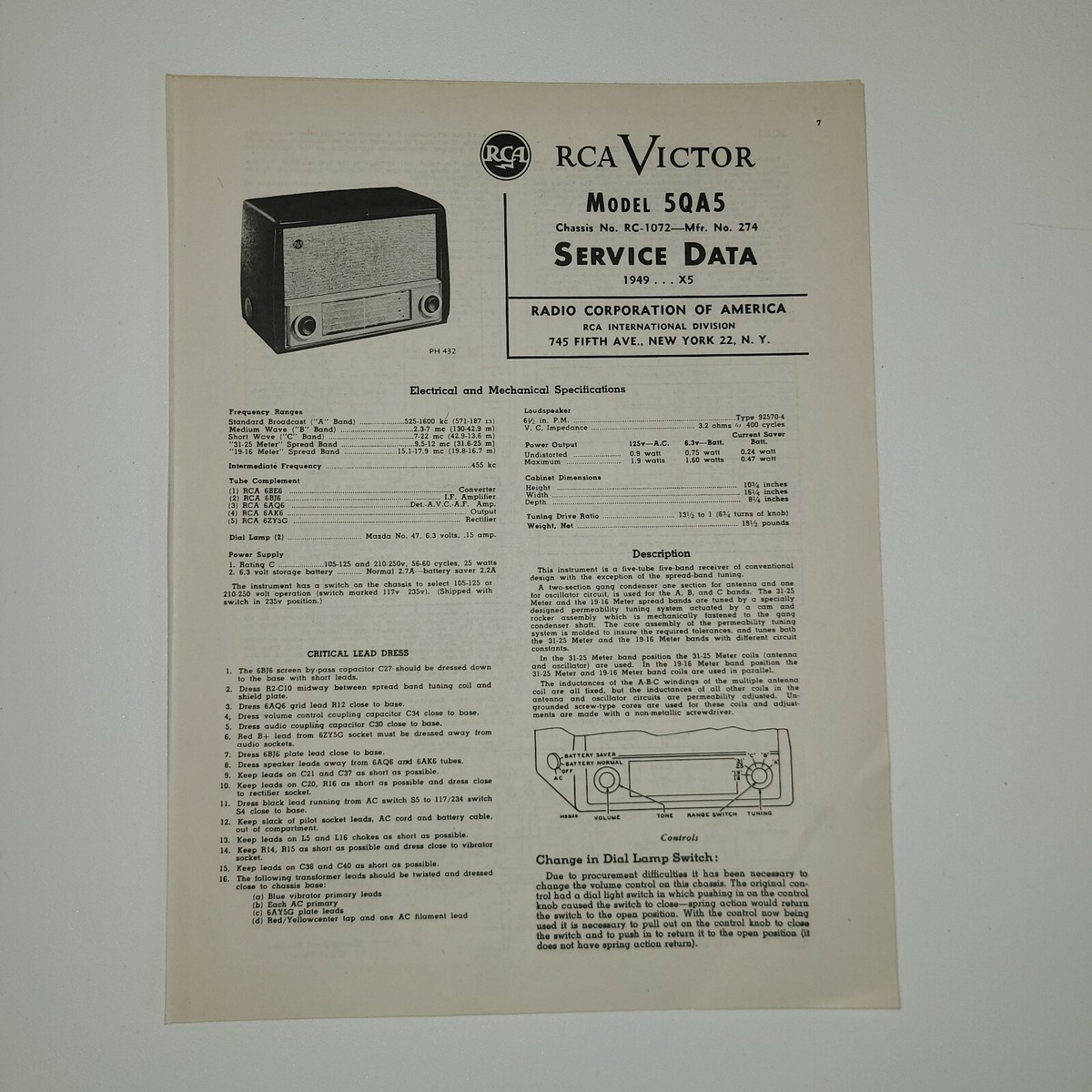 RCA VICTOR SERVICE MANUAL 1949 X5 5AQ5 RADIO RC-1072 | eBay