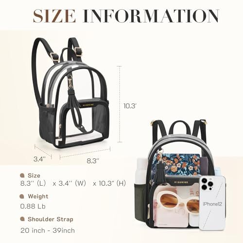 Clear Backpack Stadium Approved, Thick PVC Mini Clear Bag with Leather Black - Bild 5 von 7