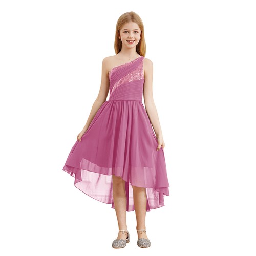 Kids Girls Gown Sequin Dress Elegant Dancewear One Shoulder High-Low Hem Formal - Picture 28 of 58