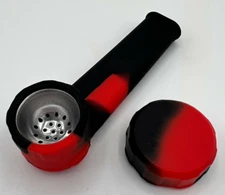 Silicone Tobacco Smoking Pipe with Metal Bowl & Cap Lid | Black / Red | USA