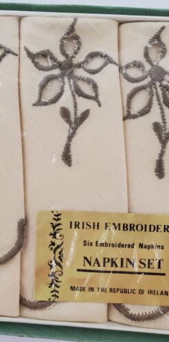Vintage 6 irische reines Leinen Stickerei braun hellbraun Servietten Set Republik Irland - Bild 12 von 24