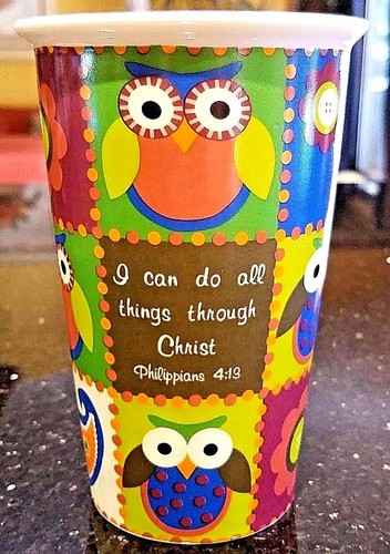 Tazza ceramica cristiana versetto Bibbia FILIPPESI 4:13 - gufi fiori paisley 11 oz - Foto 1 di 7