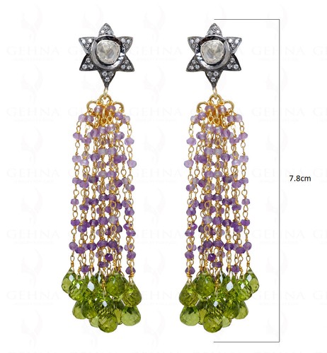 Peridot & Amethyst Bead Knotted 925 Sterling Silver Earrings  Se051004 - Picture 3 of 3