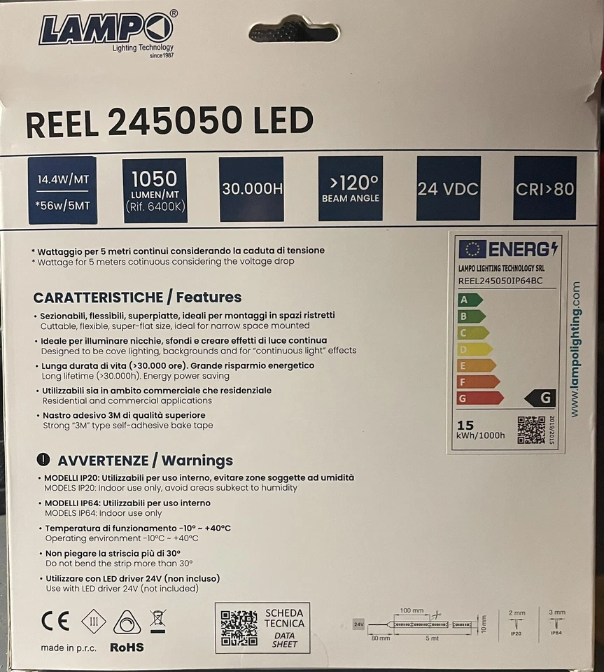 Strisce led Lampo 24v-IP65-14,4w/mt-3000k , 2 da 5mt e 2 da 3mt - Immagine 2 di 3