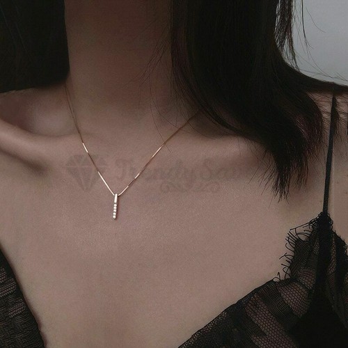 18ct Gold Plated Vertical Bar Necklace Chain Cubic Zirconia Pendant Necklace - Picture 21 of 36