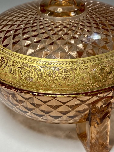 Imperial Pink Gold Glass Flat Diamond Spire Top 3 Footed Covered Lid Candy Dish - Picture 12 of 12