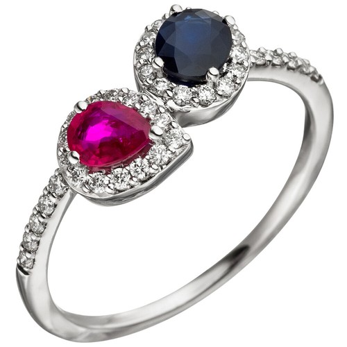 Anillo de Mujer Con Rubí Rojo & Zafiro Azul & 38 Brillantes, 585 Oro Blanco