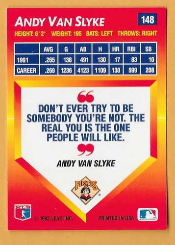 ANDY VAN SLYKE PITTSBURGH PIRATES #148 - DONRUSS TRIPLE PLAY CASI NUEVO - NUEVO COMO NUEVO 1992 - Imagen 2 de 2