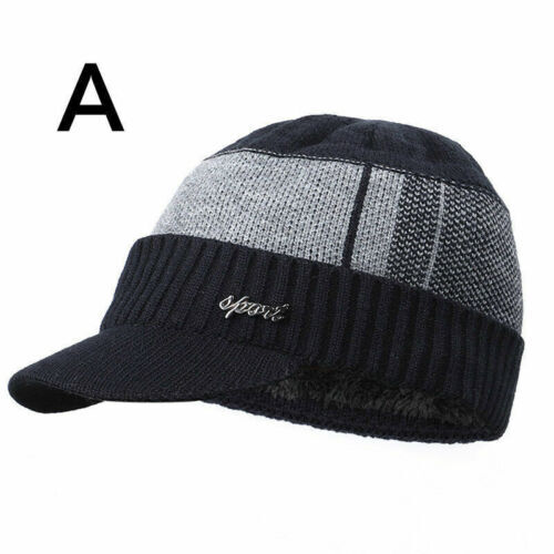 Winter Men Warm Hat Knit Visor Beanie Fleece Lined Billed Beanie with Brim Caps - Picture 16 of 19